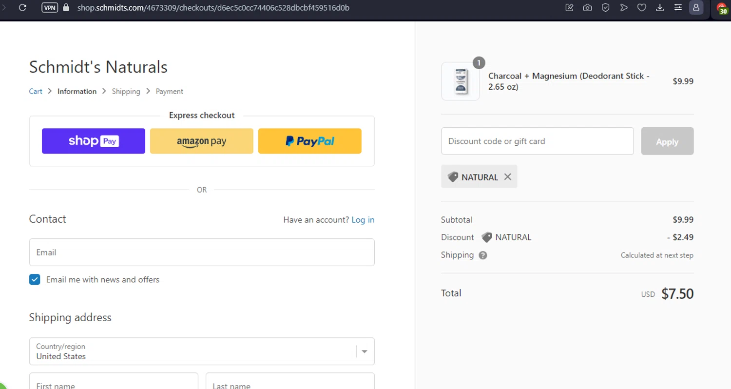 Schmidt's Deodorant checkout page showing Schmidt's Deodorant promo code box | Screenshot taken by SimplyCodes community member on Nov 29, 2023