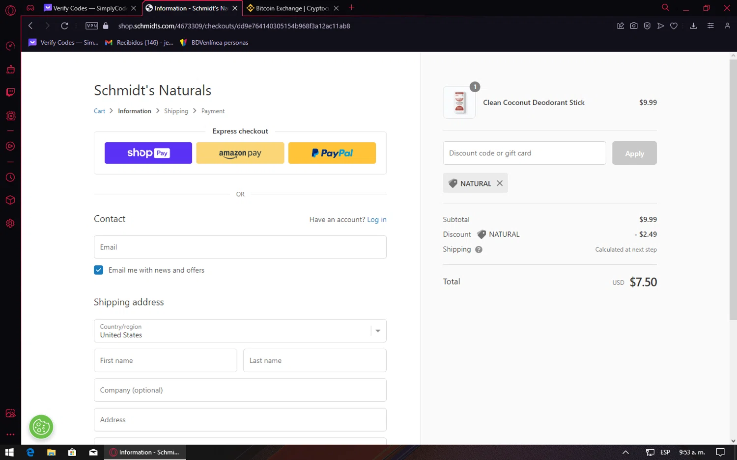 Schmidt's Deodorant checkout page showing Schmidt's Deodorant promo code box | Screenshot taken by SimplyCodes community member on Sep 16, 2023