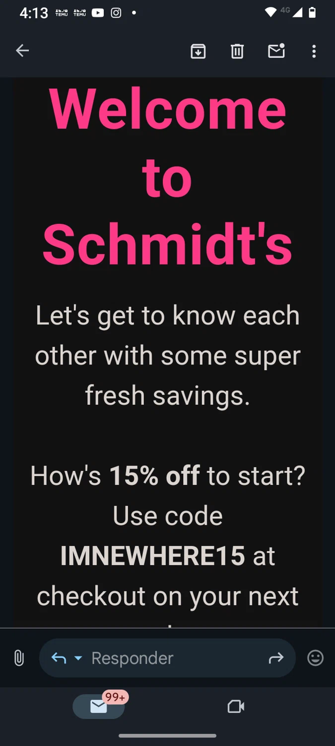 Schmidt's Deodorant promo code screenshot showing code IMNEWHERE15 applied at Schmidt's Deodorant checkout page. Uploaded by SimplyCodes community member GrimmKing on Mar 1, 2025