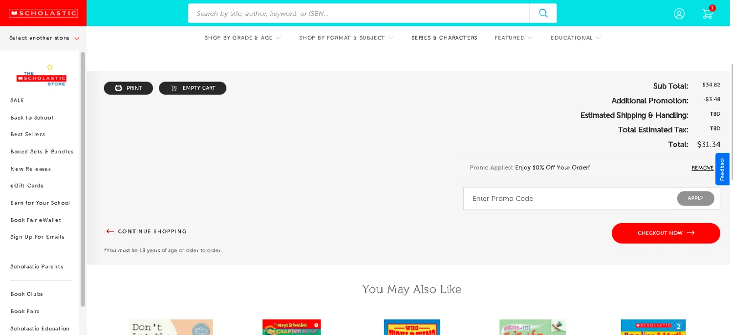 The Scholastic Parent Store promo code screenshot showing code SAVE10 applied at The Scholastic Parent Store checkout page. Uploaded by SimplyCodes community member BLUEBLASTOISE on Dec 24, 2025