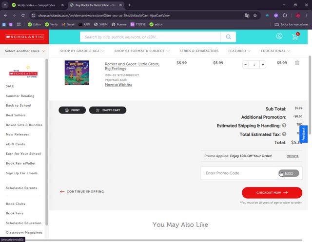 The Scholastic Parent Store checkout page showing The Scholastic Parent Store promo code box | Screenshot taken by SimplyCodes community member on Aug 26, 2025