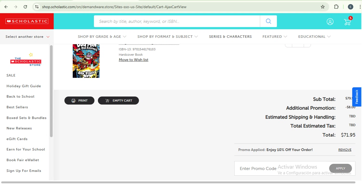 The Scholastic Parent Store promo code screenshot showing code SAVE10 applied at The Scholastic Parent Store checkout page. Uploaded by SimplyCodes community member SilverKnight4465 on Dec 2, 2025