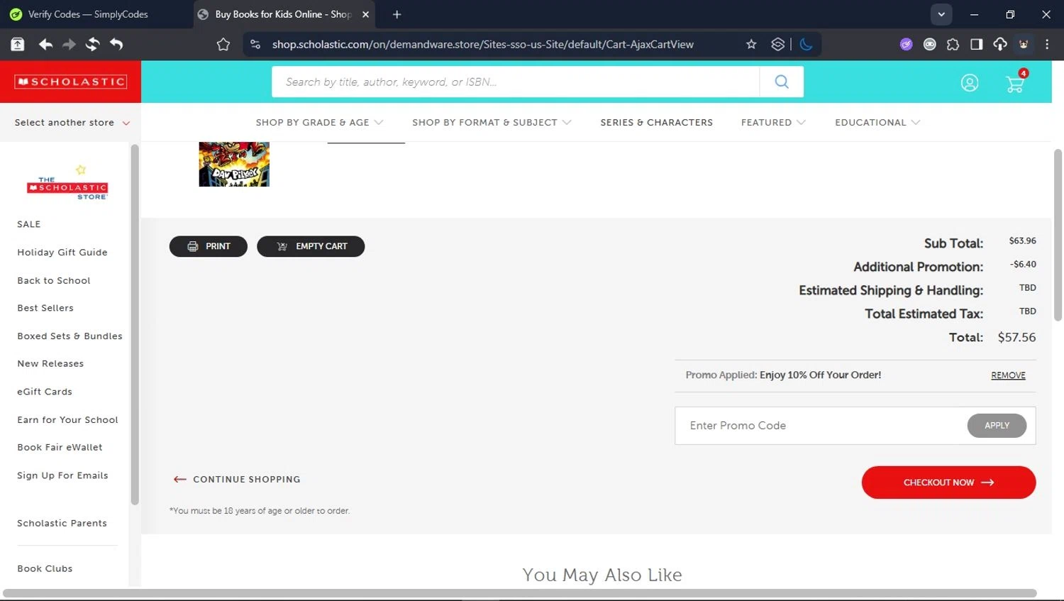 The Scholastic Parent Store promo code screenshot showing code SAVE10 applied at The Scholastic Parent Store checkout page. Uploaded by SimplyCodes community member User_Randon1 on Nov 21, 2025