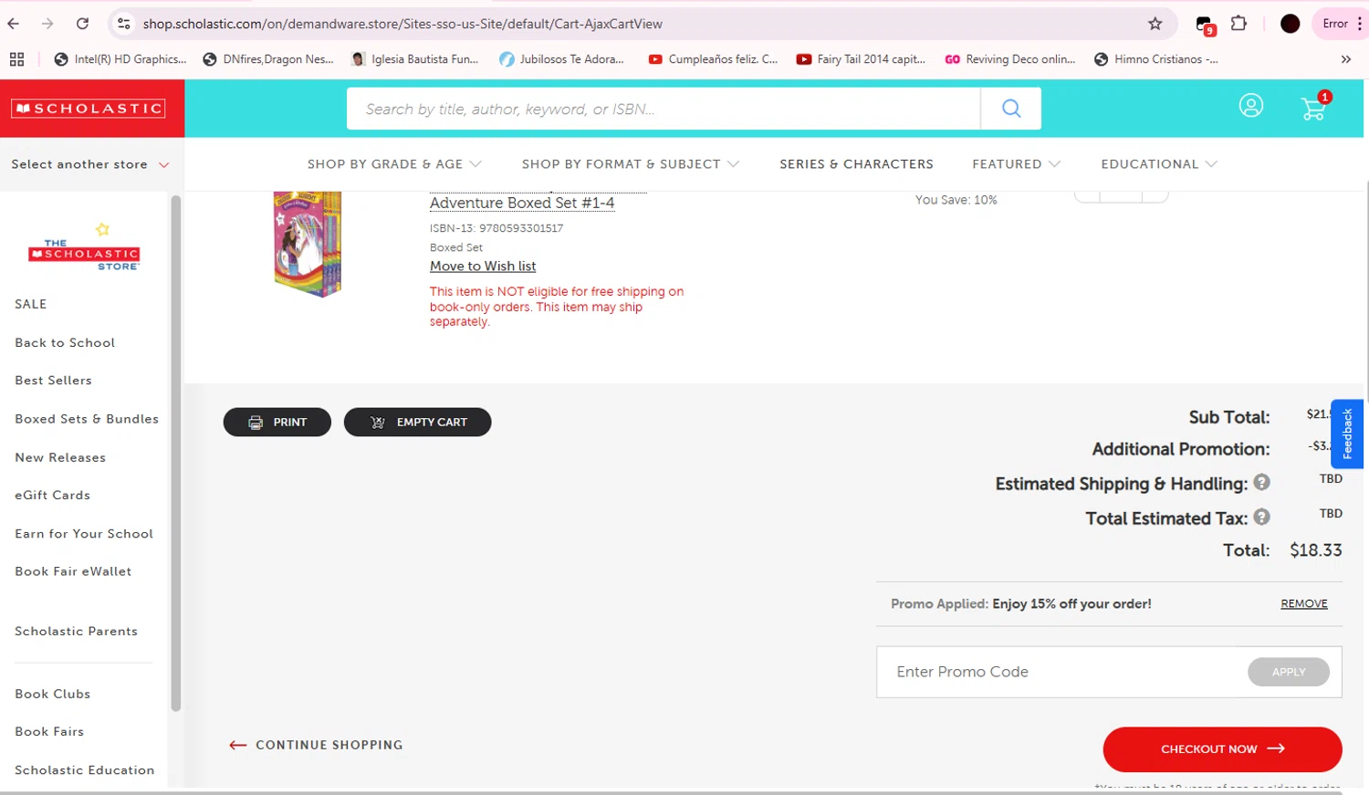 The Scholastic Parent Store promo code screenshot showing code STORIES applied at The Scholastic Parent Store checkout page. Uploaded by SimplyCodes community member BitPay on Apr 13, 2025