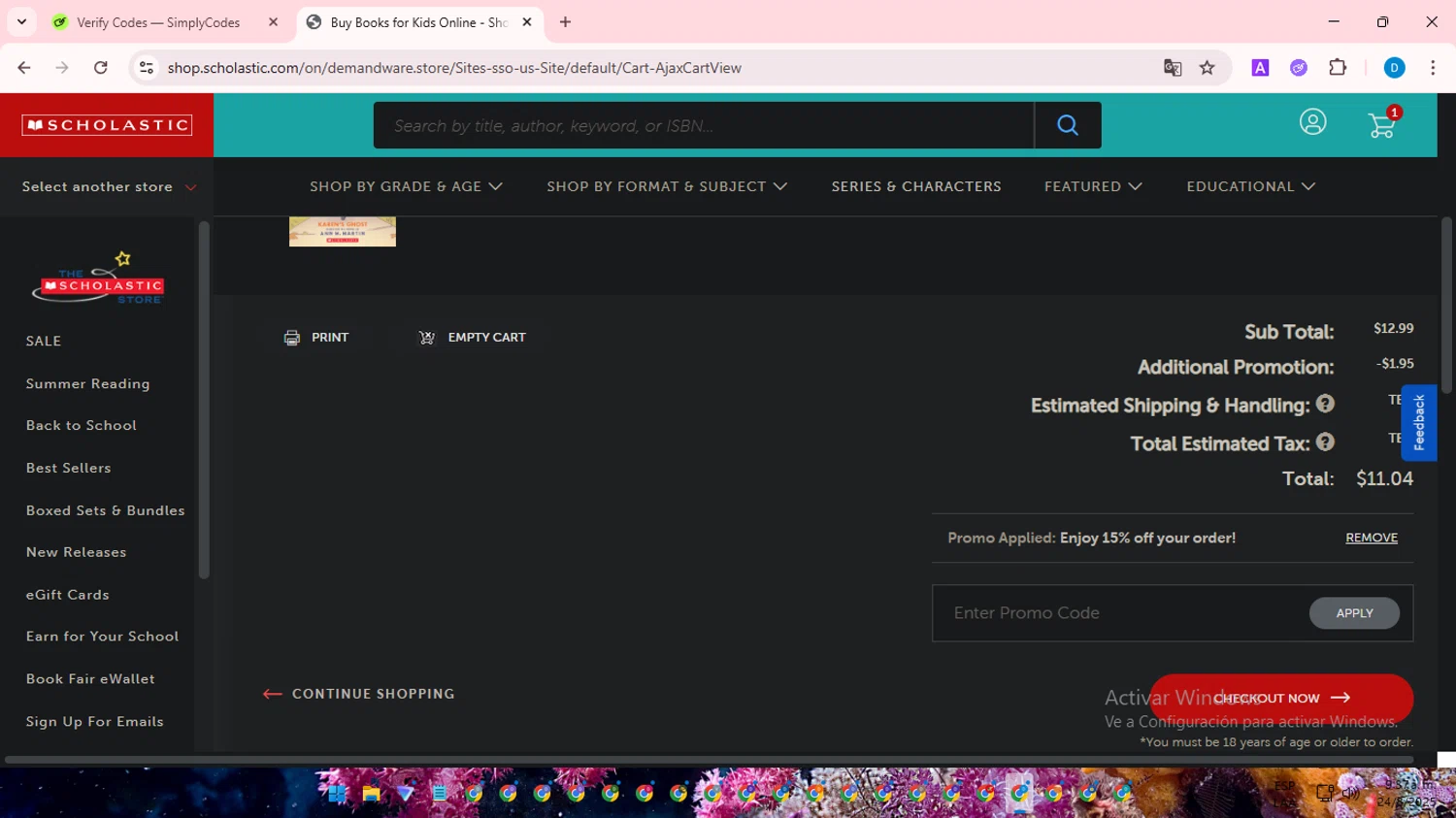 The Scholastic Parent Store promo code screenshot showing code STORIES applied at The Scholastic Parent Store checkout page. Uploaded by SimplyCodes community member saltediosteve on Aug 24, 2025