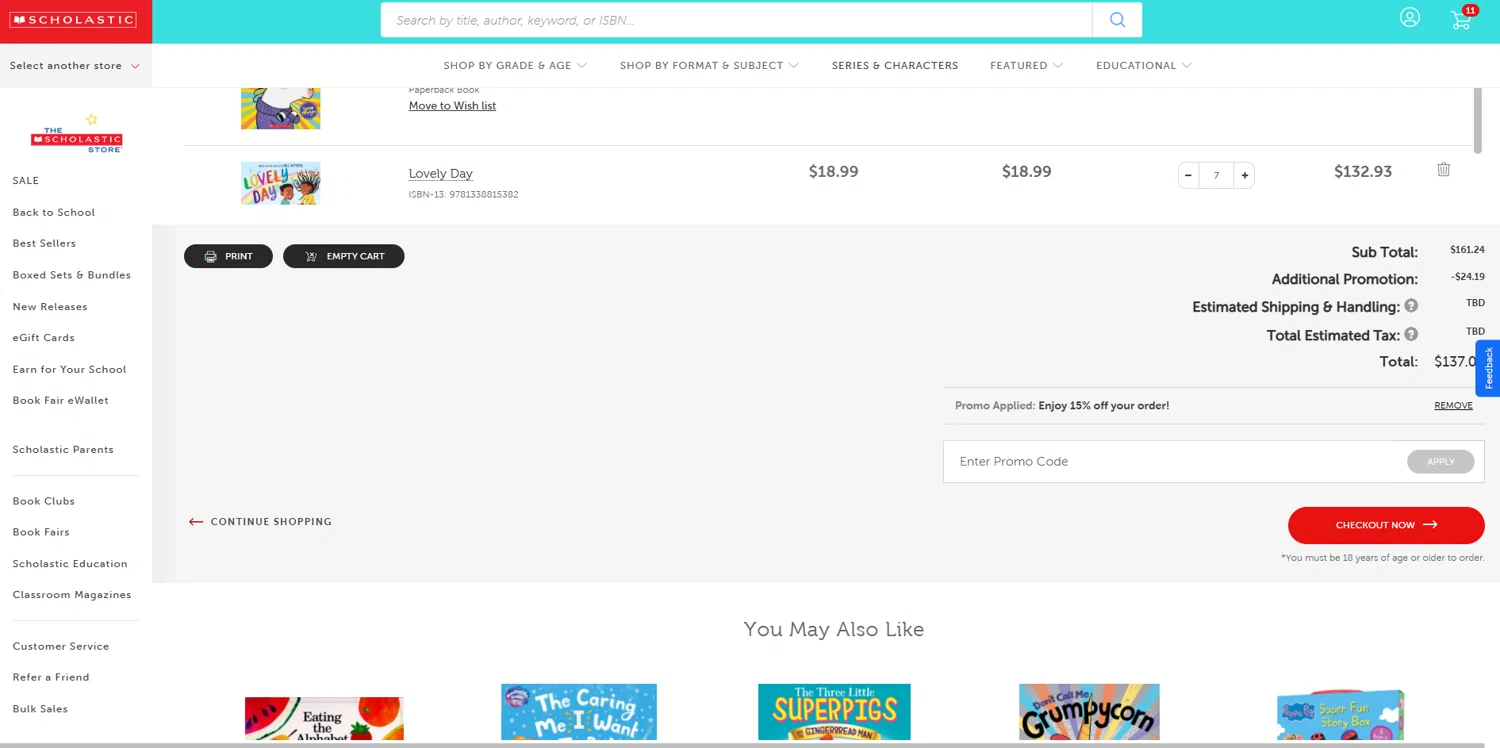 The Scholastic Parent Store promo code screenshot showing code STORIES applied at The Scholastic Parent Store checkout page. Uploaded by SimplyCodes community member BrilliantVoyager5752 on Apr 13, 2025