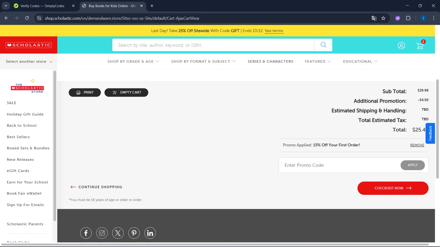 The Scholastic Parent Store promo code screenshot showing code SCHOL15 applied at The Scholastic Parent Store checkout page. Uploaded by SimplyCodes community member CodeSaver4373 on Oct 13, 2025