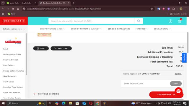 The Scholastic Parent Store checkout page showing The Scholastic Parent Store promo code box | Screenshot taken by SimplyCodes community member on Sep 19, 2025