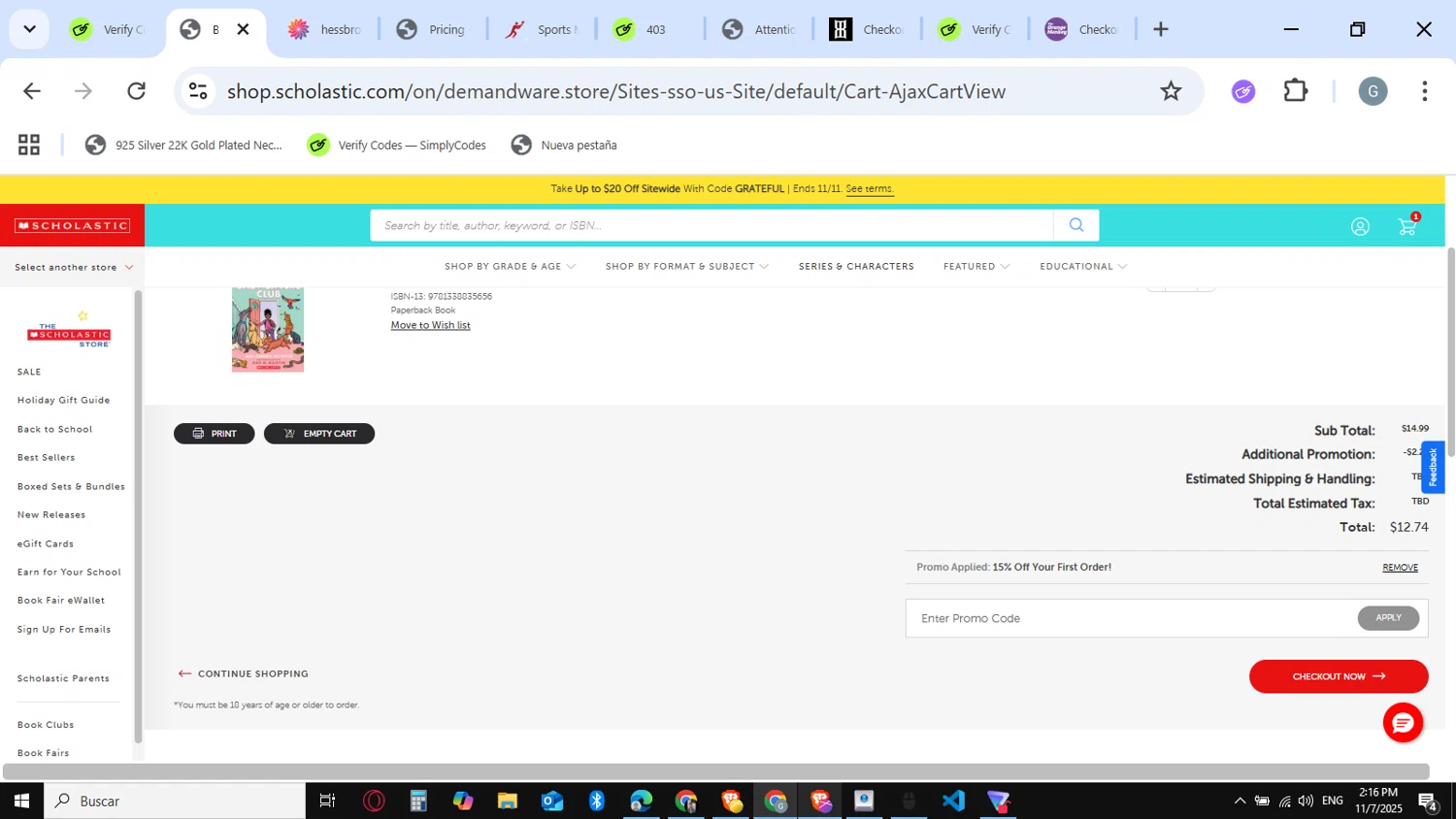 The Scholastic Parent Store promo code screenshot showing code SCHOL15 applied at The Scholastic Parent Store checkout page. Uploaded by SimplyCodes community member guest_623525963 on Nov 7, 2025