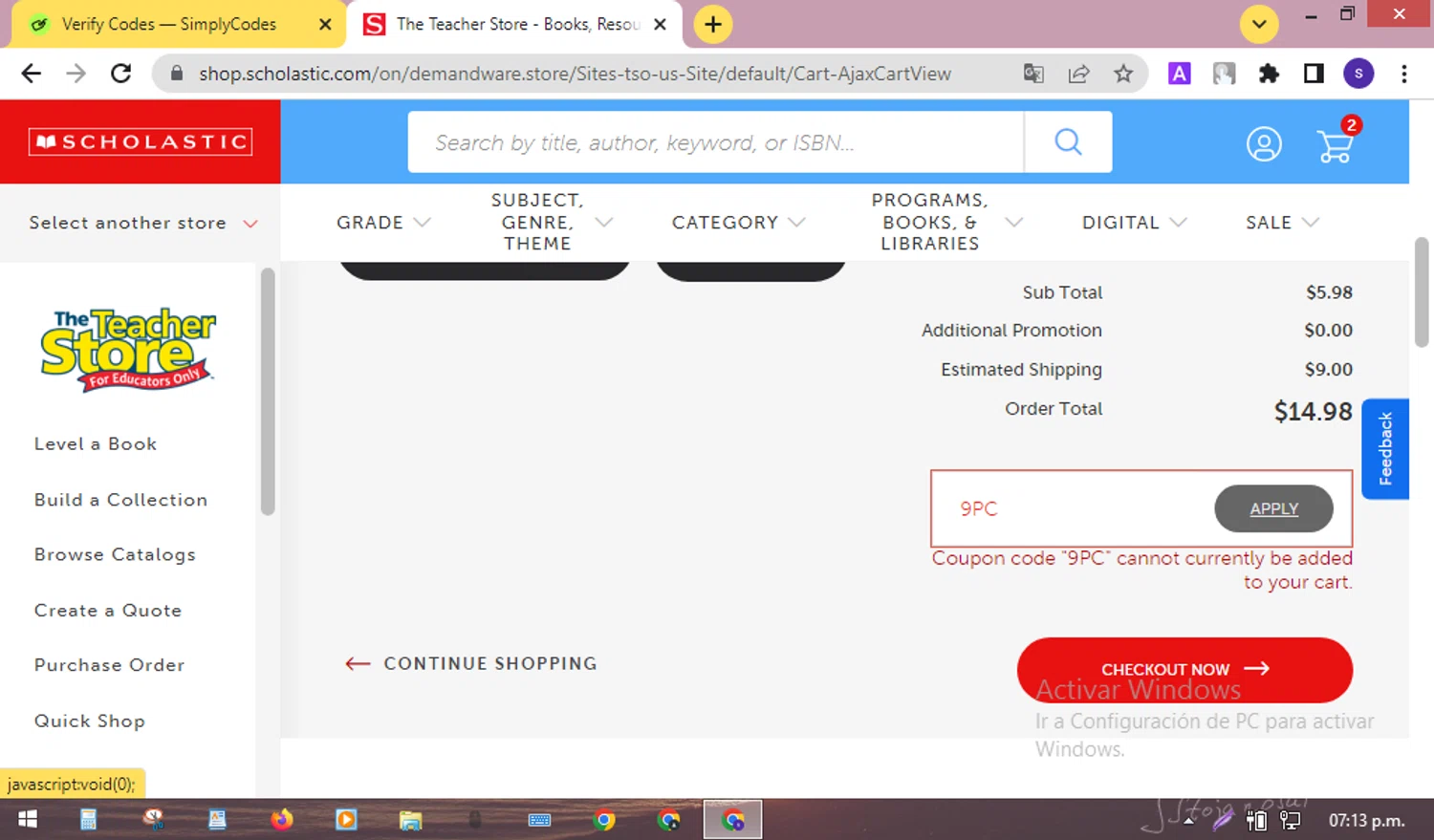 The Scholastic Parent Store promo code screenshot showing code 9PC applied at The Scholastic Parent Store checkout page. Uploaded by SimplyCodes community member SilverMaven7655 on Nov 12, 2025