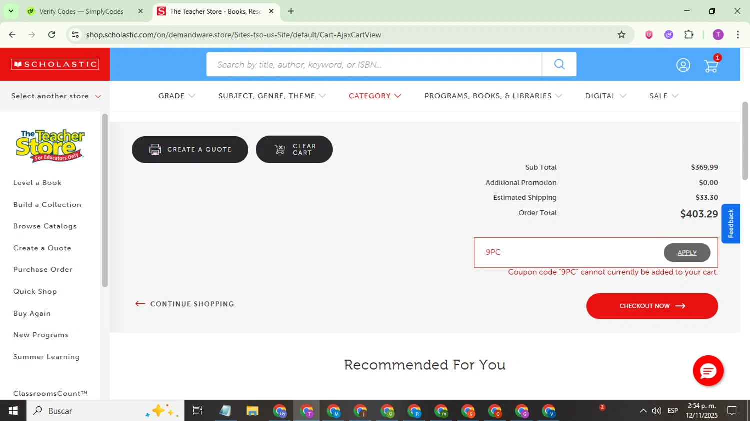 The Scholastic Parent Store promo code screenshot showing code 9PC applied at The Scholastic Parent Store checkout page. Uploaded by SimplyCodes community member ThriftyCurator4085 on Nov 12, 2025