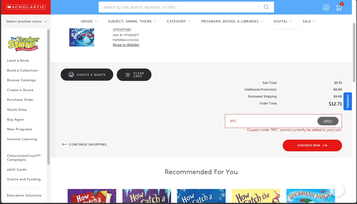 The Scholastic Parent Store promo code screenshot showing code 9PC applied at The Scholastic Parent Store checkout page. Uploaded by SimplyCodes community member tokiio on Nov 12, 2025