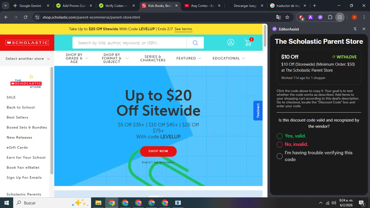 The Scholastic Parent Store checkout page showing The Scholastic Parent Store promo code box | Screenshot taken by SimplyCodes community member on Feb 6, 2026