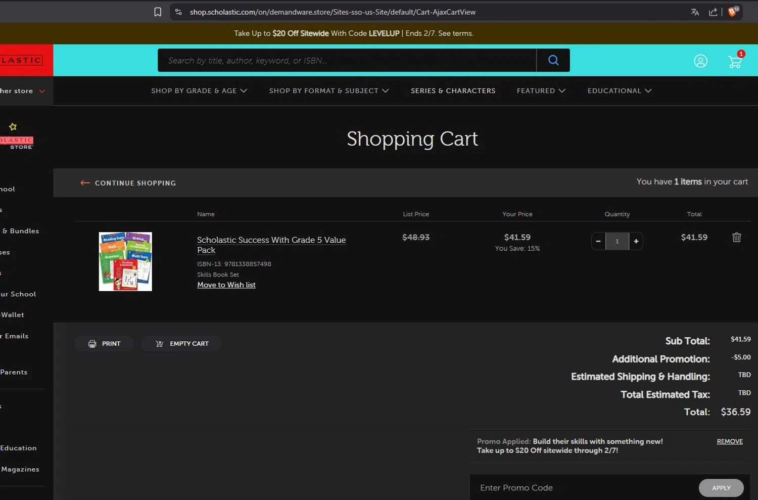 The Scholastic Parent Store checkout page showing The Scholastic Parent Store promo code box | Screenshot taken by SimplyCodes community member on Feb 4, 2026