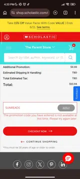 The Scholastic Parent Store coupon verification screenshot