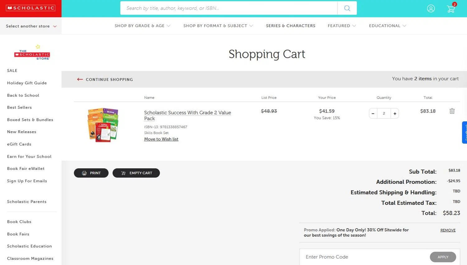 The Scholastic Parent Store promo code screenshot showing code unwrap30 applied at The Scholastic Parent Store checkout page. Uploaded by SimplyCodes community member stygian1 on Dec 1, 2025