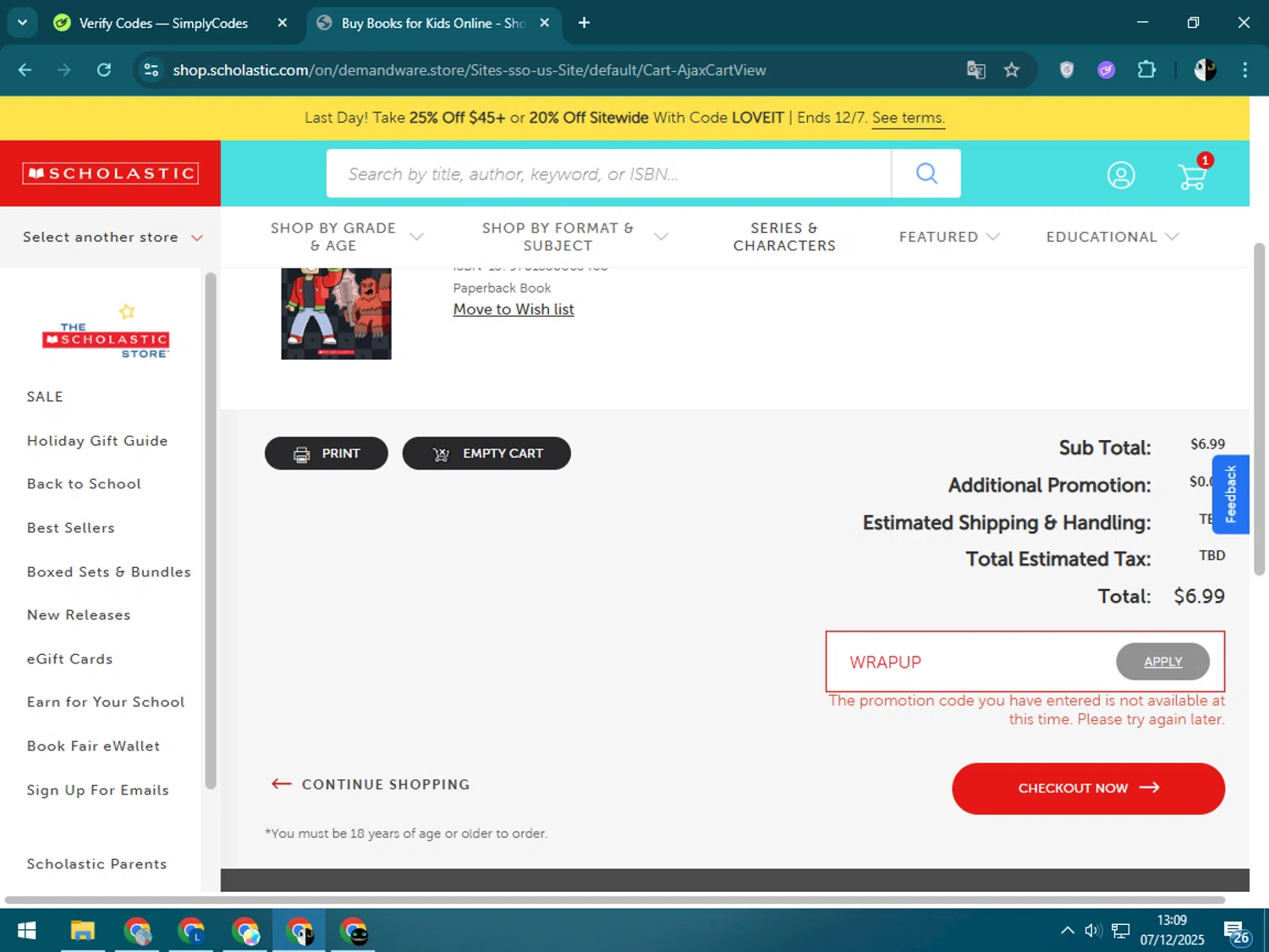 The Scholastic Teacher Store promo code screenshot showing code WRAPUP applied at The Scholastic Teacher Store checkout page. Uploaded by SimplyCodes community member CleverSage9163 on Dec 7, 2025