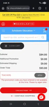 The Scholastic Teacher Store coupon verification screenshot