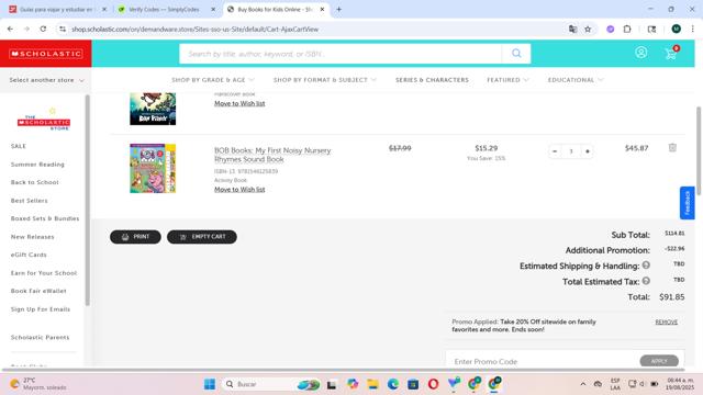 The Scholastic Teacher Store checkout page showing The Scholastic Teacher Store promo code box | Screenshot taken by SimplyCodes community member on Aug 19, 2025
