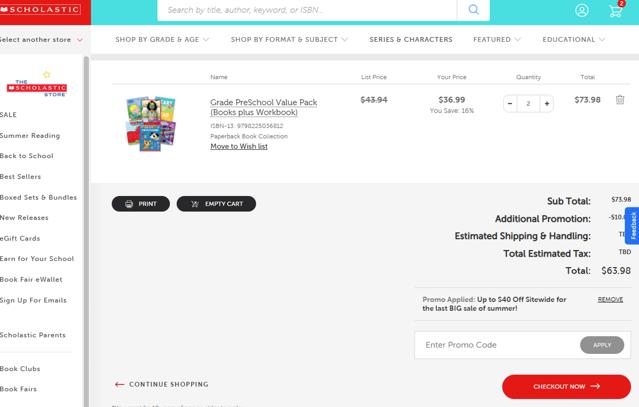 The Scholastic Teacher Store checkout page showing The Scholastic Teacher Store promo code box | Screenshot taken by SimplyCodes community member on Aug 29, 2025