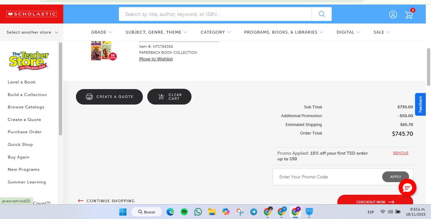 The Scholastic Teacher Store checkout page showing The Scholastic Teacher Store promo code box | Screenshot taken by SimplyCodes community member on Nov 18, 2025