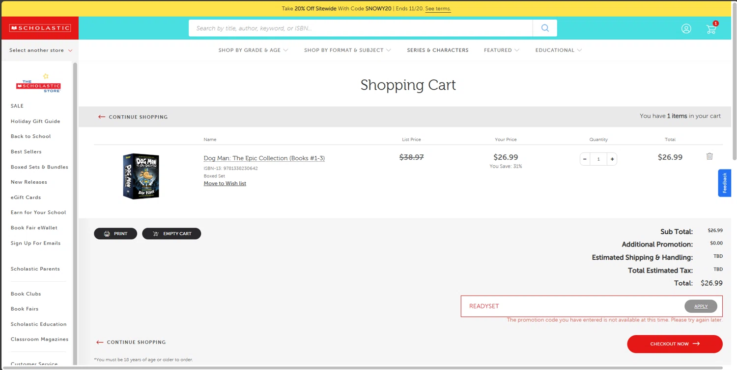 The Scholastic Teacher Store promo code screenshot showing code READYSET applied at The Scholastic Teacher Store checkout page. Uploaded by SimplyCodes community member Underaiki on Nov 18, 2025