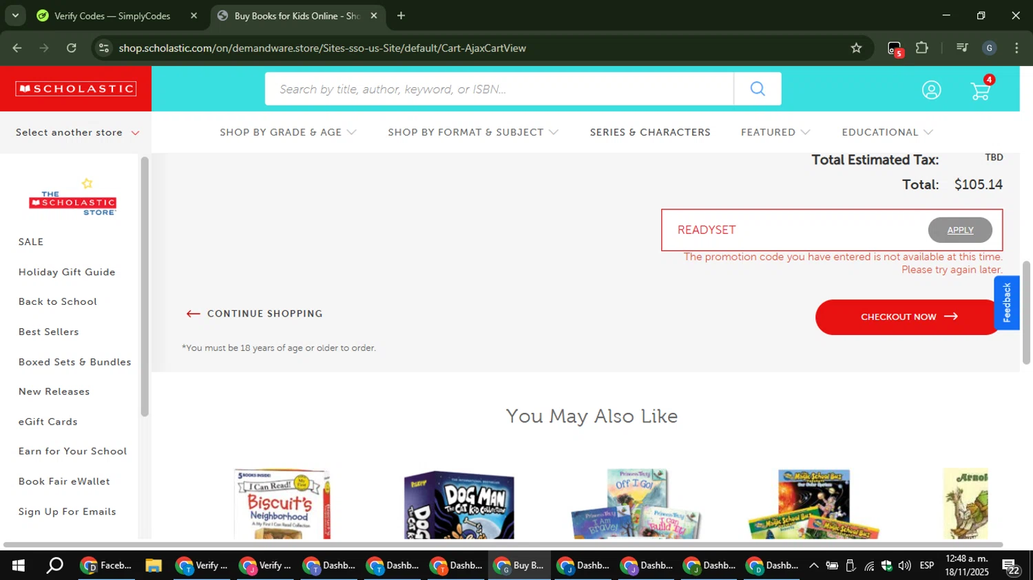 The Scholastic Teacher Store promo code screenshot showing code READYSET applied at The Scholastic Teacher Store checkout page. Uploaded by SimplyCodes community member gabinharris55 on Nov 18, 2025