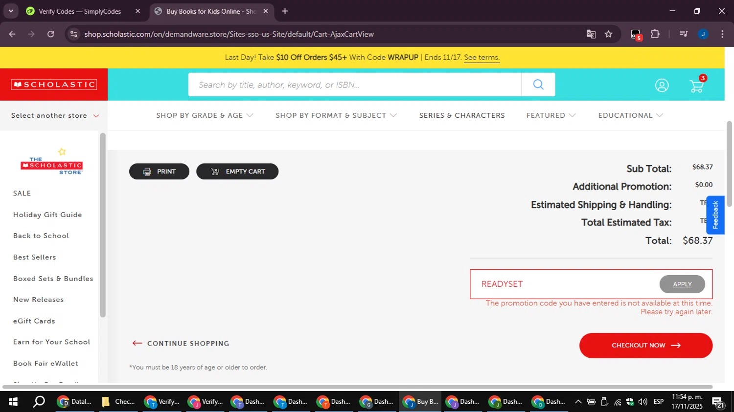The Scholastic Teacher Store promo code screenshot showing code READYSET applied at The Scholastic Teacher Store checkout page. Uploaded by SimplyCodes community member noesmith34ur on Nov 18, 2025