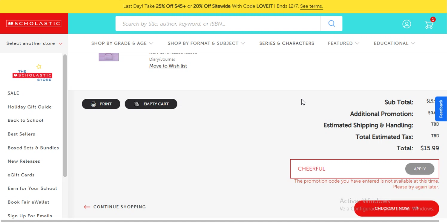 The Scholastic Teacher Store promo code screenshot showing code CHEERFUL applied at The Scholastic Teacher Store checkout page. Uploaded by SimplyCodes community member CodeEagle1166 on Dec 7, 2025
