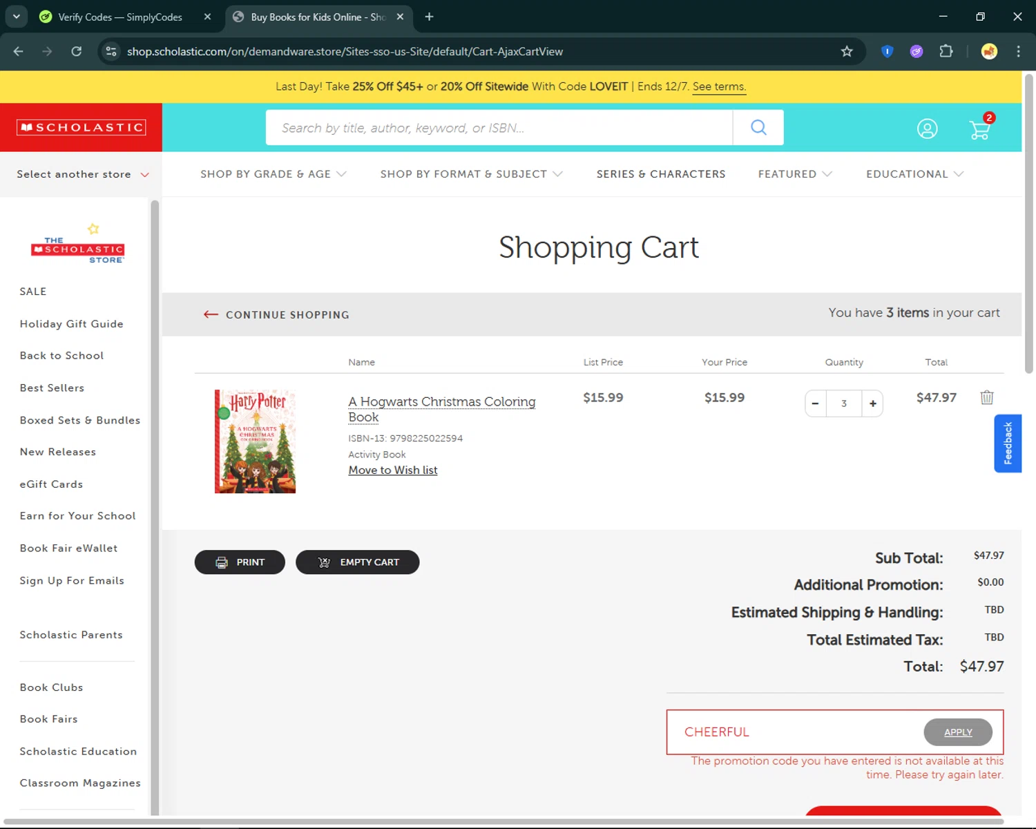 The Scholastic Teacher Store promo code screenshot showing code CHEERFUL applied at The Scholastic Teacher Store checkout page. Uploaded by SimplyCodes community member SmartFinder4193 on Dec 7, 2025