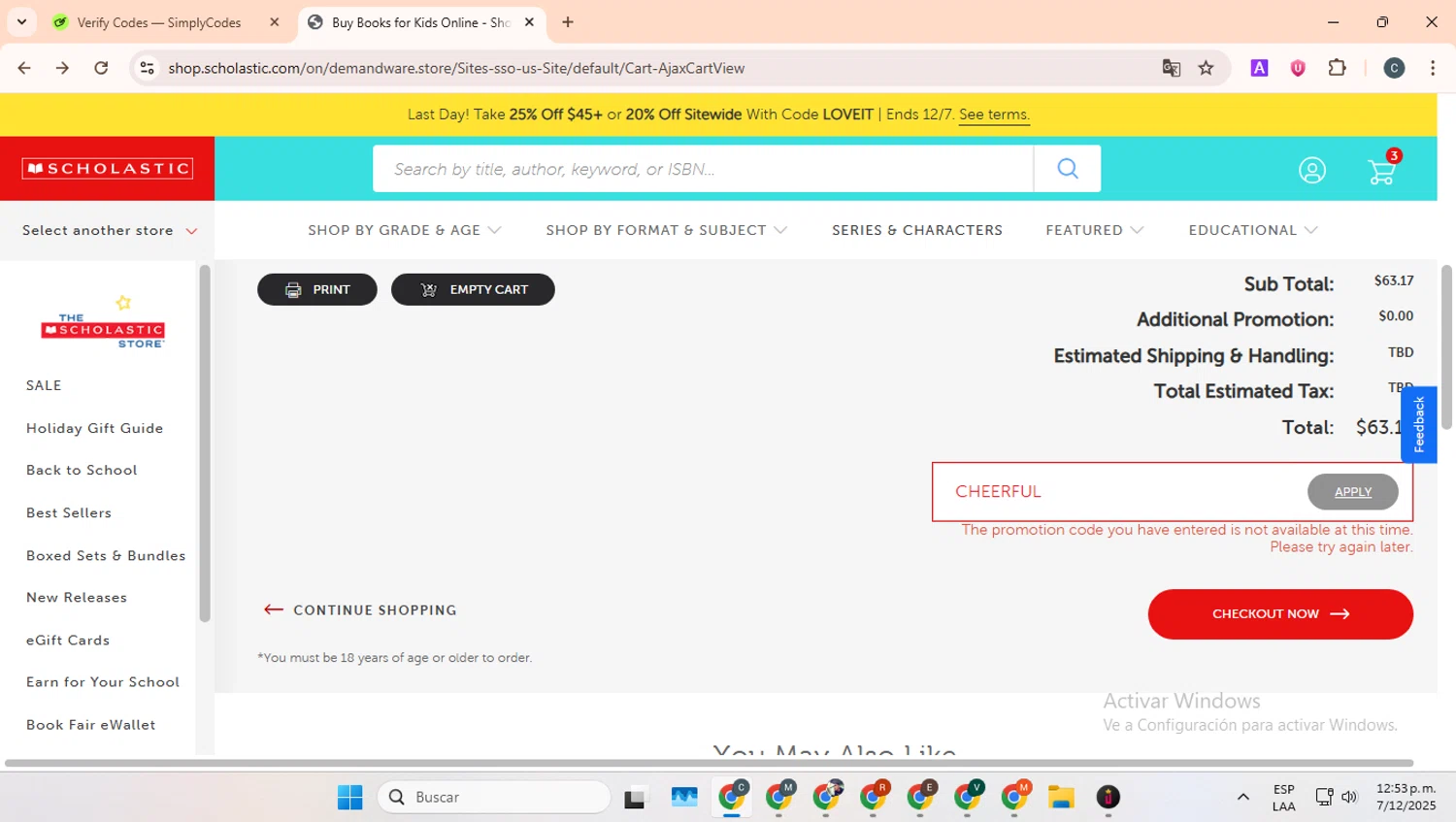 The Scholastic Teacher Store promo code screenshot showing code CHEERFUL applied at The Scholastic Teacher Store checkout page. Uploaded by SimplyCodes community member benjamnlev on Dec 7, 2025