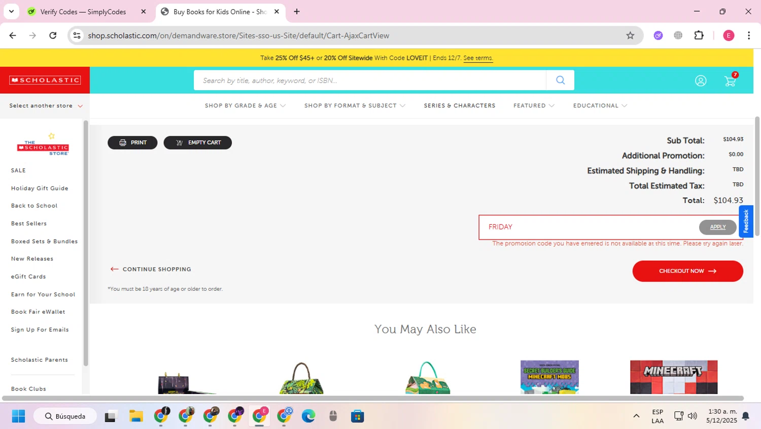 The Scholastic Teacher Store promo code screenshot showing code FRIDAY applied at The Scholastic Teacher Store checkout page. Uploaded by SimplyCodes community member VoucherExpert2930 on Dec 5, 2025