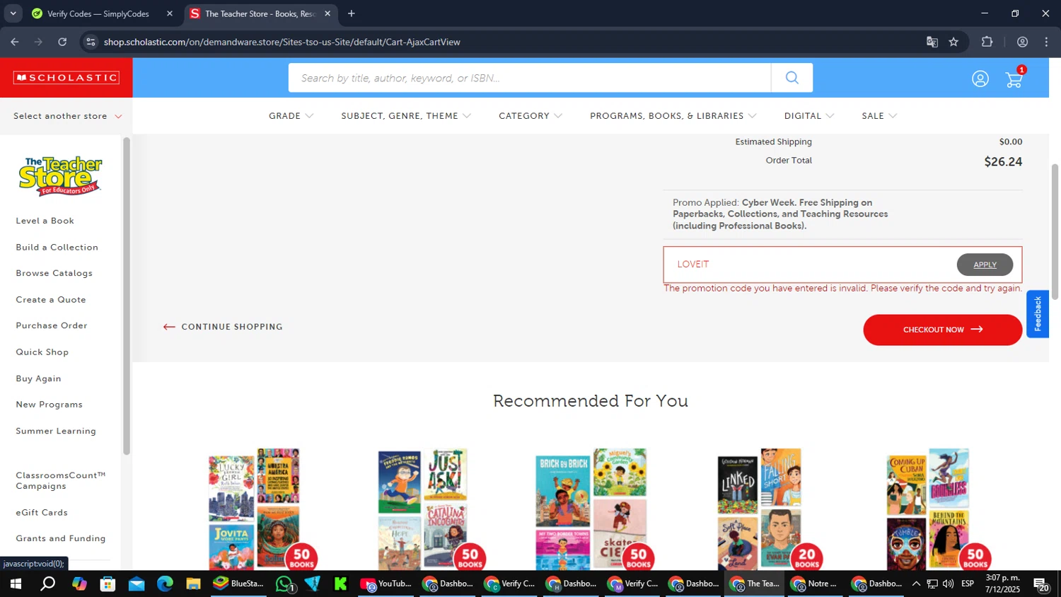 The Scholastic Teacher Store promo code screenshot showing code LOVEIT applied at The Scholastic Teacher Store checkout page. Uploaded by SimplyCodes community member MoneyPilot9165 on Dec 7, 2025