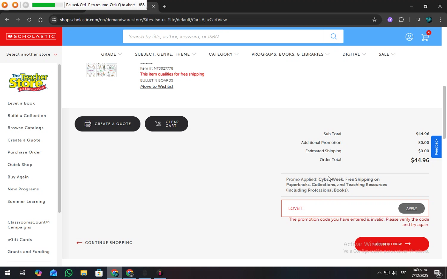 The Scholastic Teacher Store promo code screenshot showing code LOVEIT applied at The Scholastic Teacher Store checkout page. Uploaded by SimplyCodes community member SOPACONPAN on Dec 7, 2025