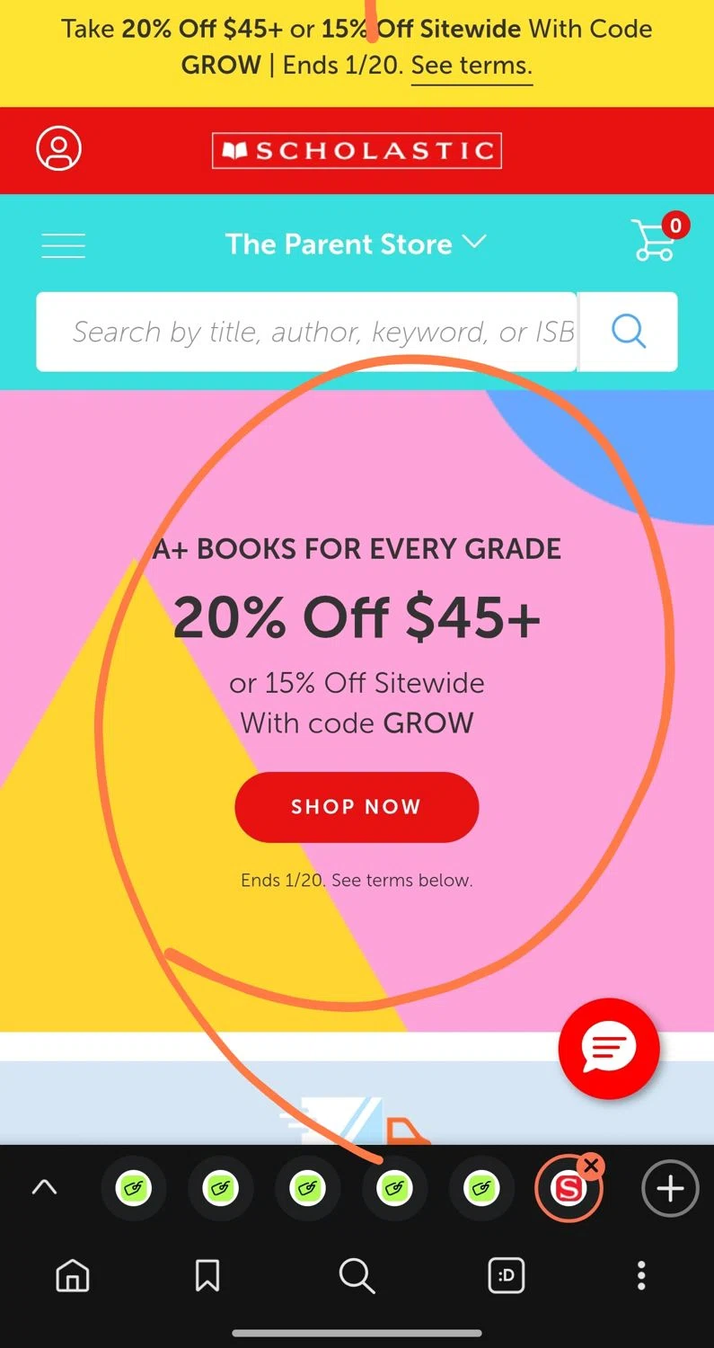 The Scholastic Teacher Store promo code screenshot showing code GROW applied at The Scholastic Teacher Store checkout page. Uploaded by SimplyCodes community member Dejadepicharme on Jan 15, 2026
