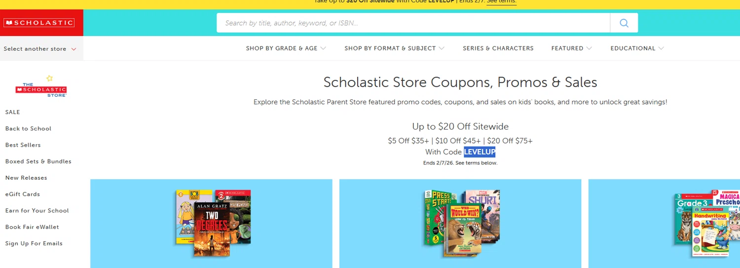 The Scholastic Teacher Store promo code screenshot showing code LEVELUP applied at The Scholastic Teacher Store checkout page. Uploaded by SimplyCodes community member Dejadepicharme on Feb 4, 2026