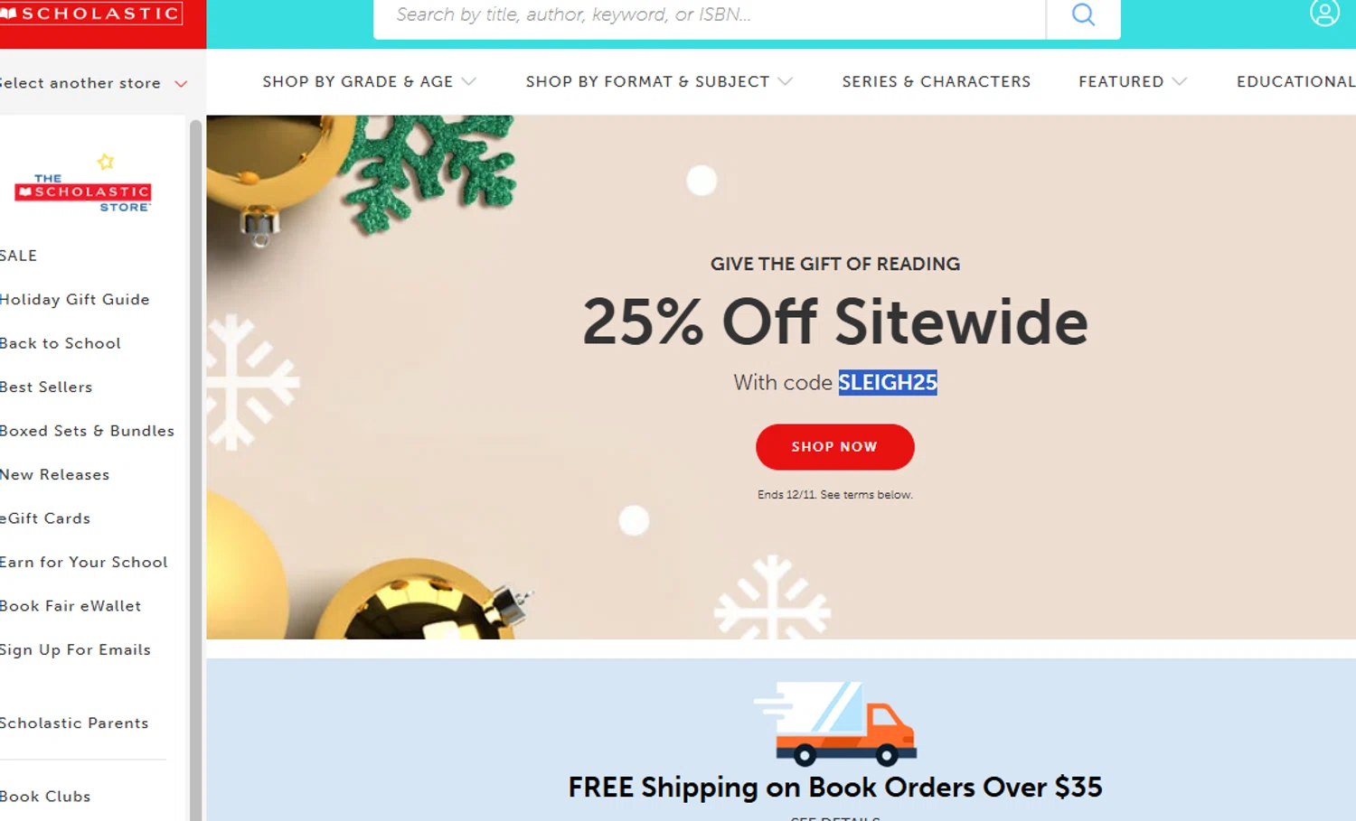 The Scholastic Teacher Store promo code screenshot showing code SLEIGH25 applied at The Scholastic Teacher Store checkout page. Uploaded by SimplyCodes community member Dejadepicharme on Dec 10, 2025