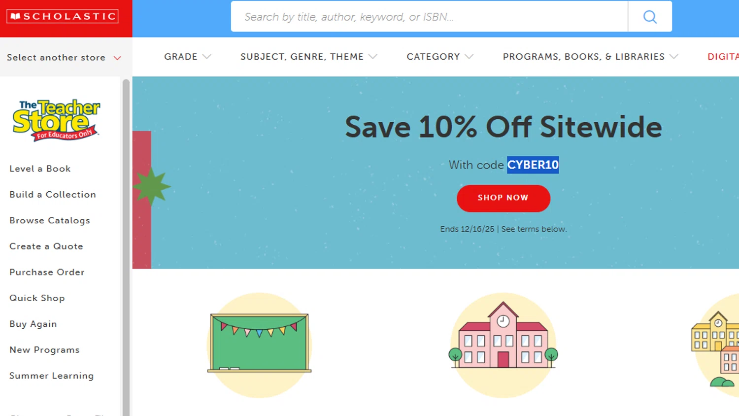 The Scholastic Teacher Store promo code screenshot showing code CYBER10 applied at The Scholastic Teacher Store checkout page. Uploaded by SimplyCodes community member Dejadepicharme on Dec 10, 2025