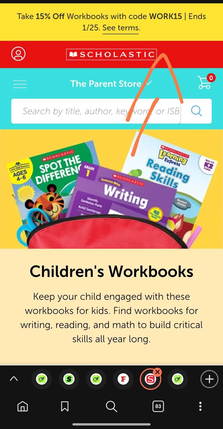 The Scholastic Teacher Store promo code screenshot showing code WORK15 applied at The Scholastic Teacher Store checkout page. Uploaded by SimplyCodes community member Dejadepicharme on Jan 22, 2026