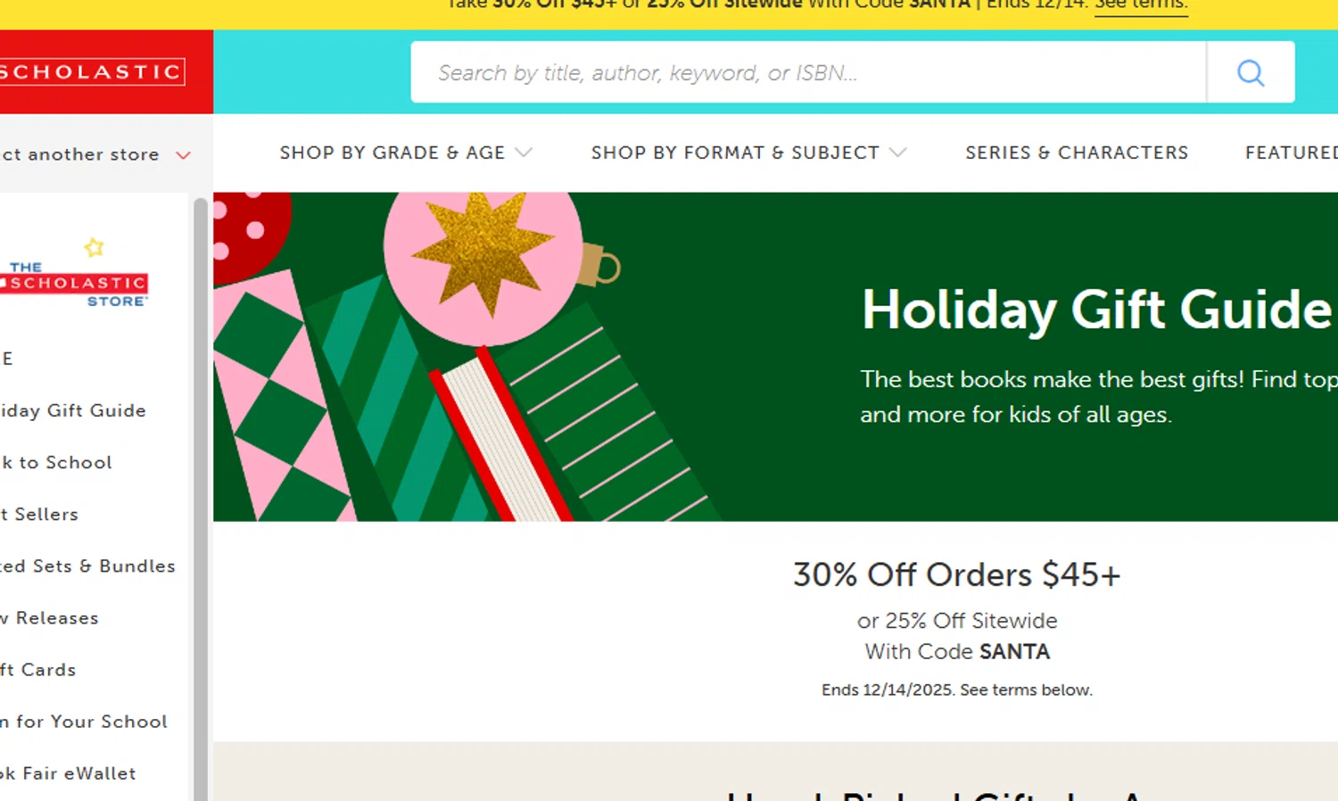 The Scholastic Teacher Store promo code screenshot showing code SANTA applied at The Scholastic Teacher Store checkout page. Uploaded by SimplyCodes community member Dejadepicharme on Dec 13, 2025