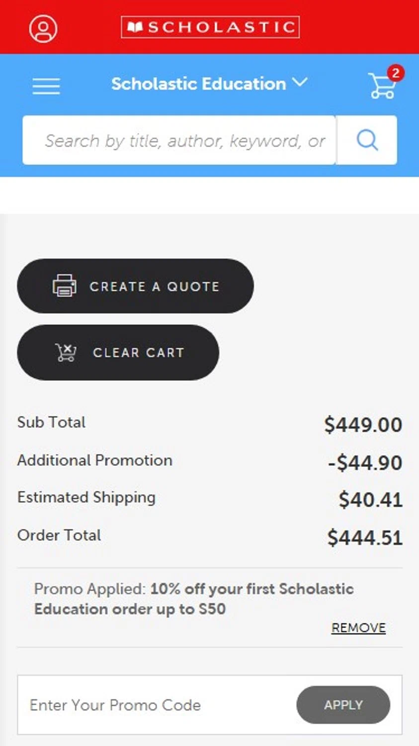 The Scholastic Teacher Store promo code screenshot showing code SCHED10 applied at The Scholastic Teacher Store checkout page. Uploaded by SimplyCodes community member RonaldoM32 on Jan 16, 2026