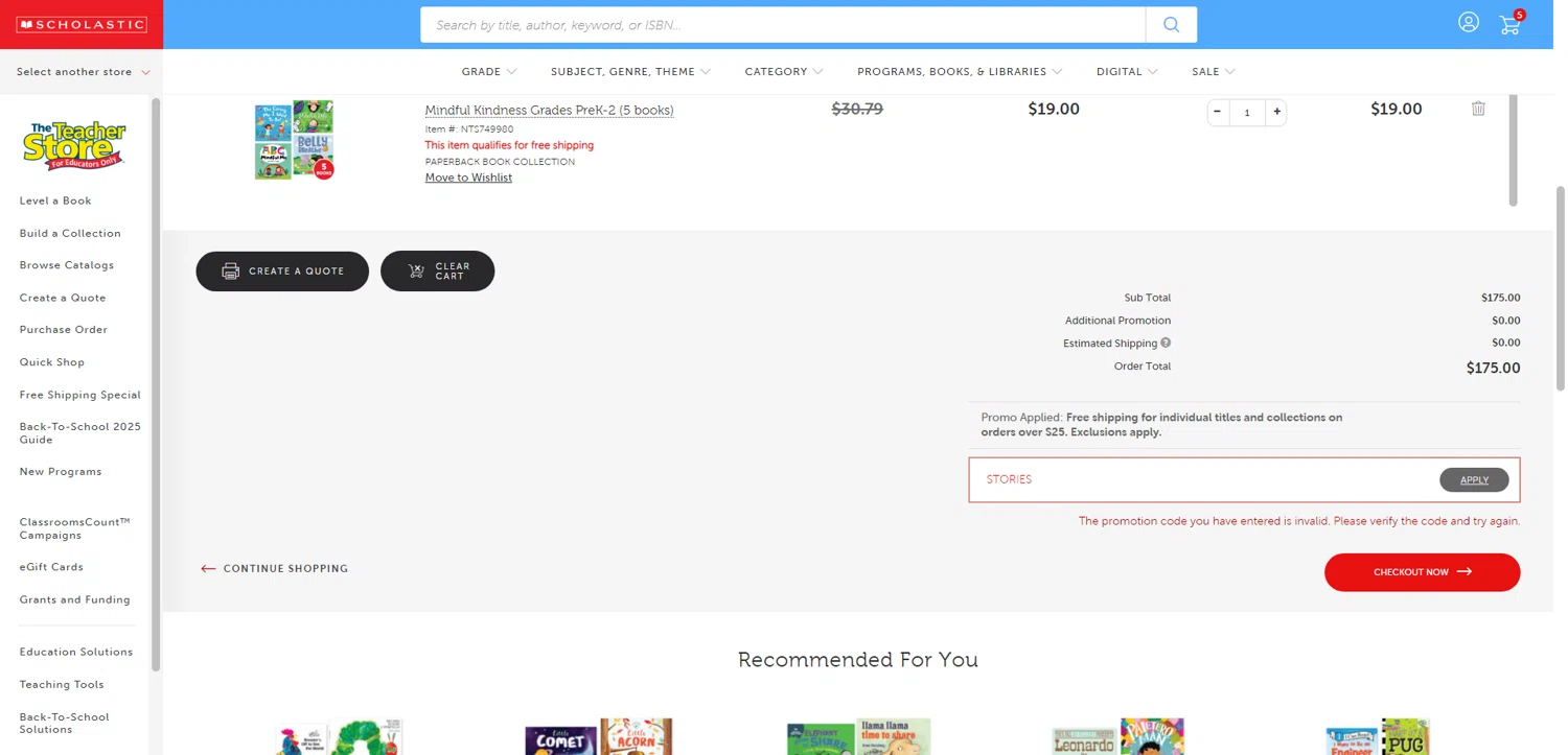 Scholastic US promo code screenshot showing code STORIES applied at Scholastic US checkout page. Uploaded by SimplyCodes community member FrugalFalcon3908 on May 3, 2025