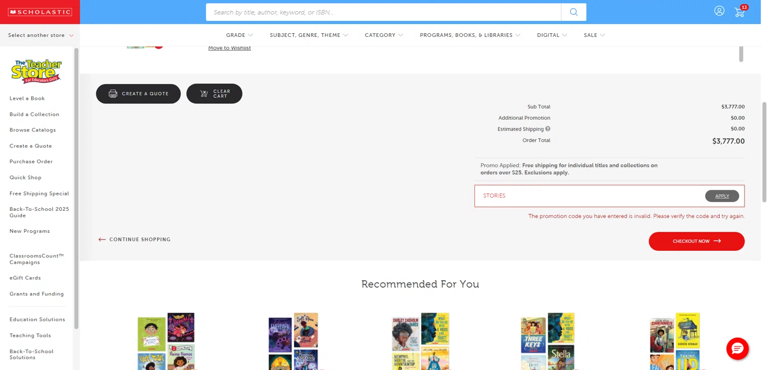 Scholastic US promo code screenshot showing code STORIES applied at Scholastic US checkout page. Uploaded by SimplyCodes community member VoucherMonarch9058 on May 2, 2025