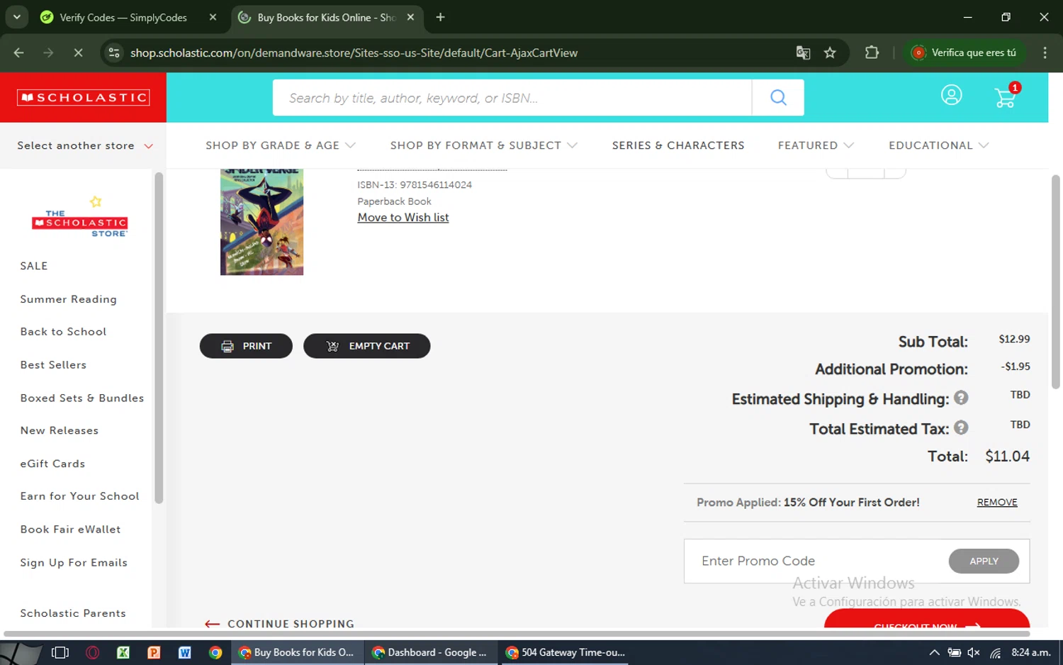 Scholastic US promo code screenshot showing code SCHOL15 applied at Scholastic US checkout page. Uploaded by SimplyCodes community member CashAdmiral6490 on Jun 10, 2025