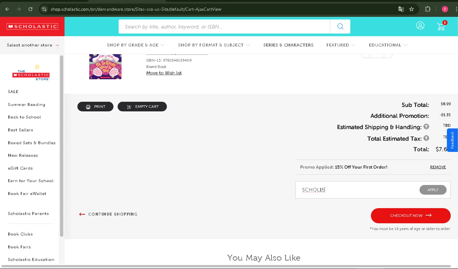 Scholastic US promo code screenshot showing code SCHOL15 applied at Scholastic US checkout page. Uploaded by SimplyCodes community member carmis007 on May 12, 2025