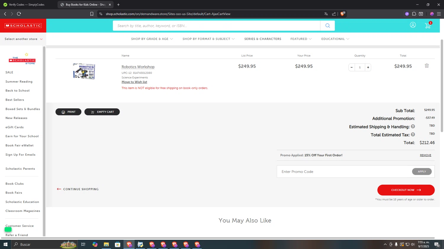 Scholastic US promo code screenshot showing code SCHOL15 applied at Scholastic US checkout page. Uploaded by SimplyCodes community member MRYORMAN on Jul 9, 2025