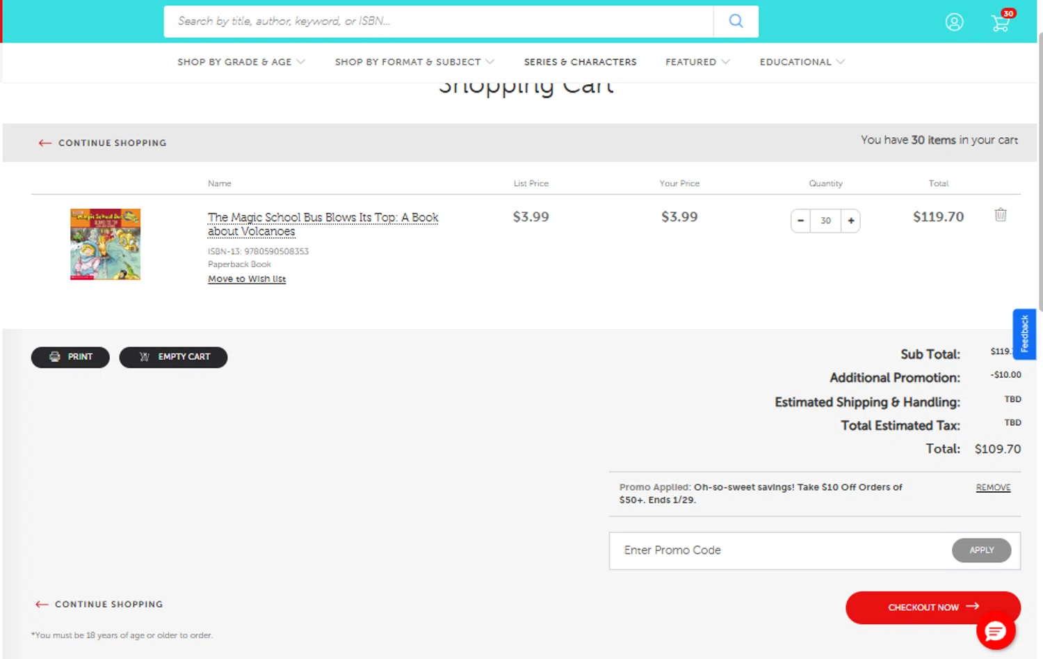 Scholastic US checkout page showing Scholastic US promo code box | Screenshot taken by SimplyCodes community member on Jan 26, 2026