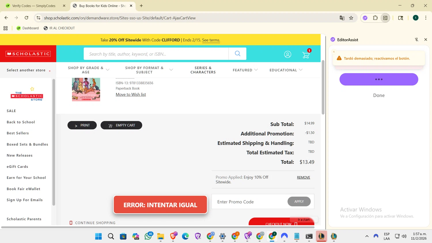Scholastic US checkout page showing Scholastic US promo code box | Screenshot taken by SimplyCodes community member on Feb 11, 2026