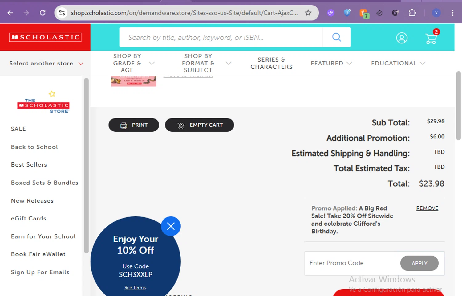 Scholastic US promo code screenshot showing code CLIFFORD applied at Scholastic US checkout page. Uploaded by SimplyCodes community member beatrizcastillo on Feb 11, 2026