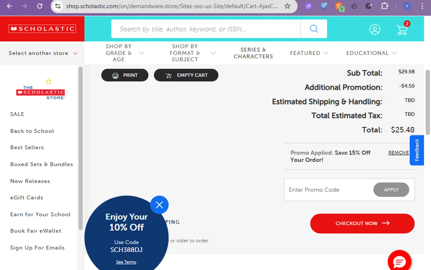 Scholastic US promo code screenshot showing code ALLNEW applied at Scholastic US checkout page. Uploaded by SimplyCodes community member beatrizcastillo on Feb 5, 2026